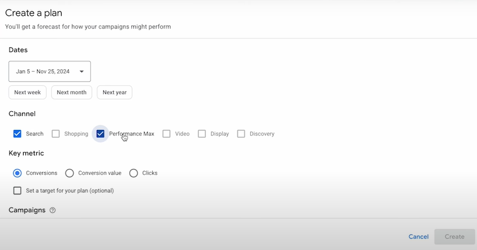 How to create a plan in Google Ads Performance Planner