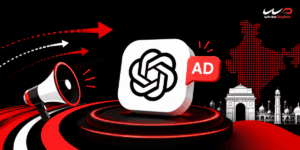 Graphic showing the ChatGPT logo on a black-and-red podium with a red 'AD' speech bubble beside it, a megaphone with motion arrows on the left, and a dotted map of India with Indian monuments in the background, alongside the White Digital logo in the top right corner.