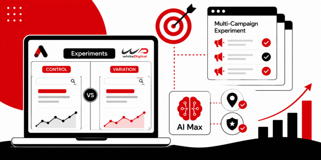 Here is the alt text and caption for the image: Alt Text: An illustration of a laptop showing an "Experiments" dashboard with "Control" and "Variation" tabs. Next to it are graphics representing a "Multi-Campaign Experiment," an "AI Max" tool, a target with an arrow, and an upward-trending growth chart.