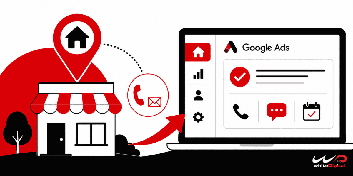An illustration showing a local store connected to a laptop displaying the Local Services Ads integration inside the Google Ads interface, featuring lead options like phone calls, messages, and bookings.