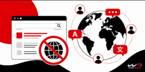 An illustration showing a search window overlaid with a red prohibition globe icon on the left, next to a black and white globe on the right surrounded by user profile icons and various language speech bubbles.