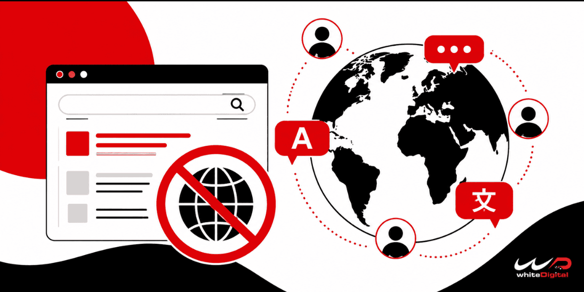 An illustration showing a search window overlaid with a red prohibition globe icon on the left, next to a black and white globe on the right surrounded by user profile icons and various language speech bubbles.