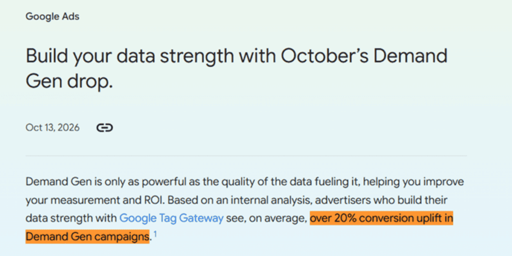 Google Tag Gateway see an average increase of more than 20% in conversions for Demand Gen campaigns