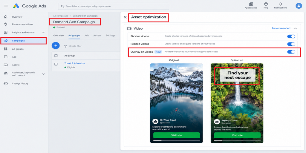Google Ads Asset Optimisation with text overlay toggle feature