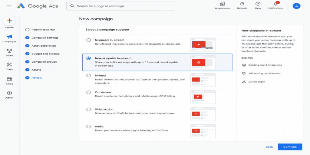 Google Ads Campaign Subtype Selection for YouTube 20-Second Non-Skippable Ads