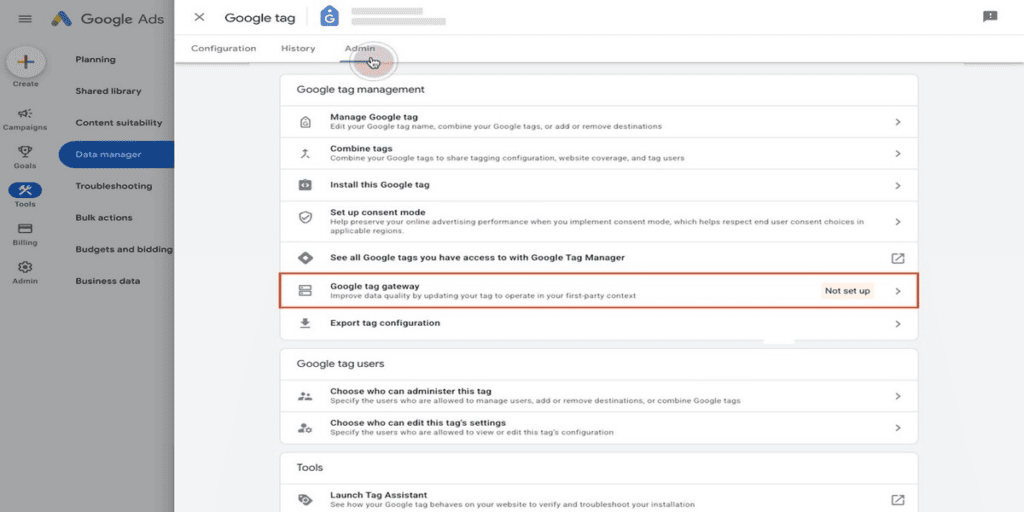 Google Ads interface showing the Google tag gateway setup option.
