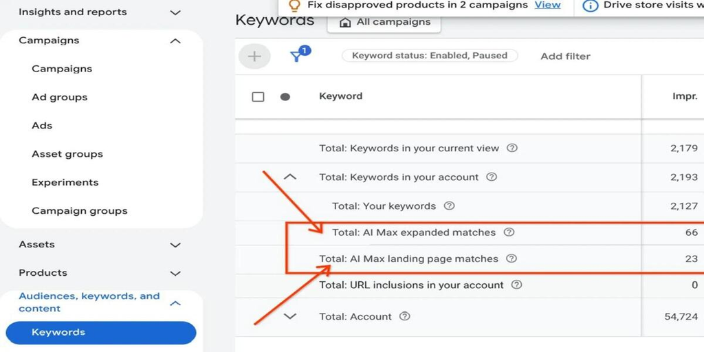 Google Ads AI Max campaign keyword reporting dashboard featuring new AI-powered reporting features.