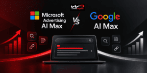 Microsoft Advertising AI Max vs Google AI Max comparison graphic showing ad performance metrics, search term matching, and campaign control options.