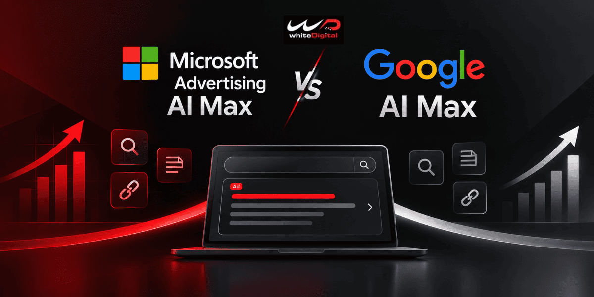 Microsoft Advertising AI Max vs Google AI Max comparison graphic showing ad performance metrics, search term matching, and campaign control options.