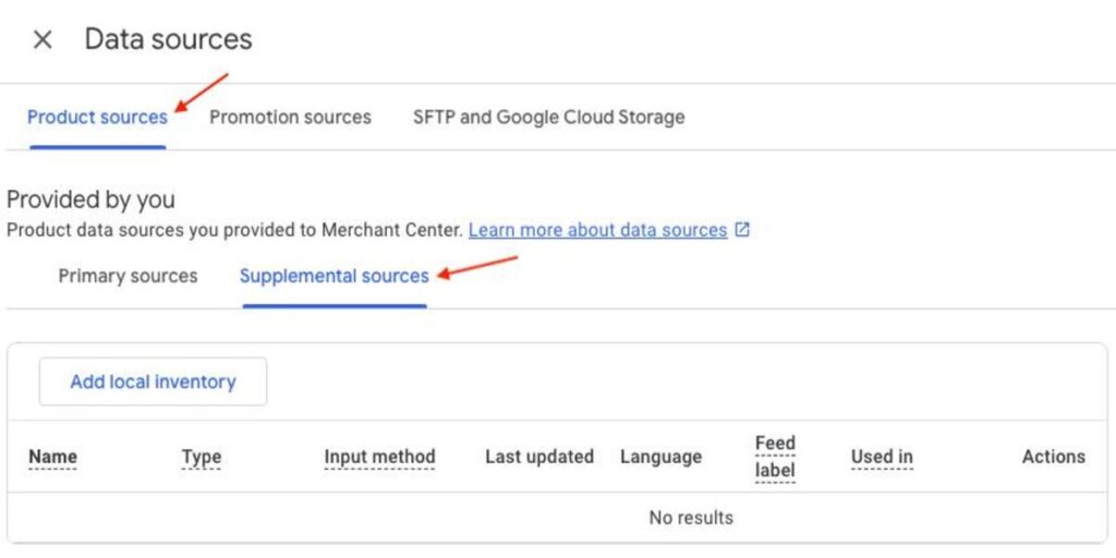 Supplemental sources tab in GMC