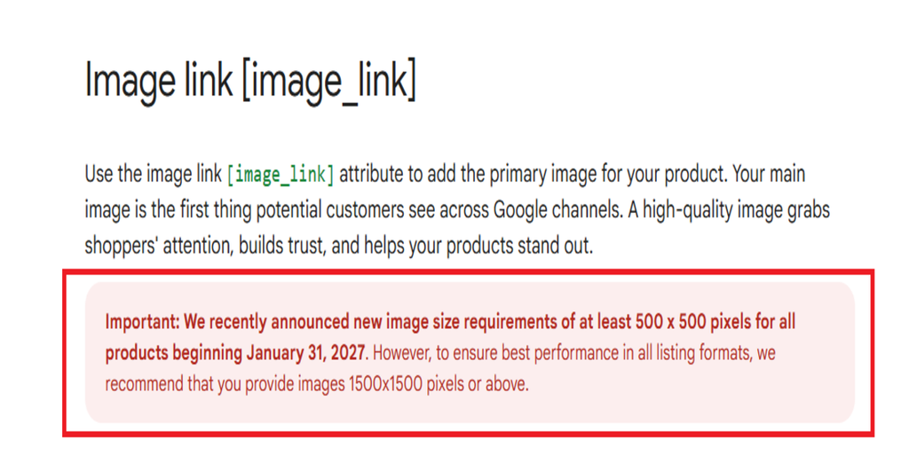 Google Merchant Center warning for Shopping Ads requiring product images to be at least 500 × 500 pixels by January 31, 2027.